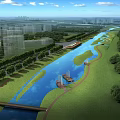 Urban Waterfront Landscape Design With River Pathways Green Areas Trees Boats And City Buildings