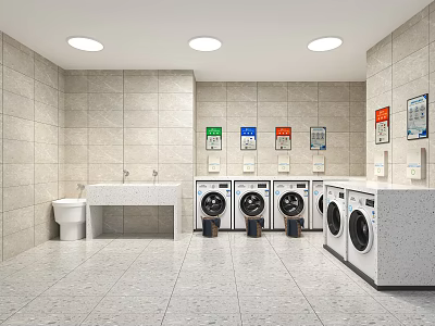 Modern Bathroom Interior With Washing Machines Sink Counter Toilet Tiled Walls And Signs 3d model