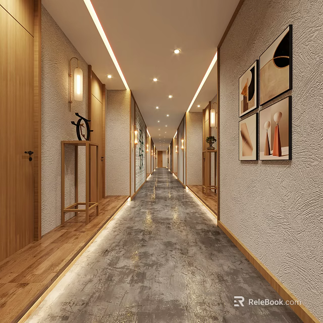 Modern Elevator Hallway Interior With Wooden Doors Decorative Paintings And Gray Floor 3d model 