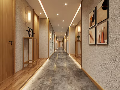 Modern Elevator Hallway Interior With Wooden Doors Decorative Paintings And Gray Floor 3d model