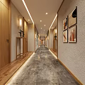 Modern Elevator Hallway Interior With Wooden Doors Decorative Paintings And Gray Floor