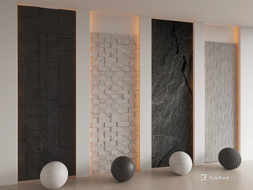 Modern Background Walls Featuring Wooden Stone Brick Marble Texture And Striped Designs With Decorative Spheres 3d model 