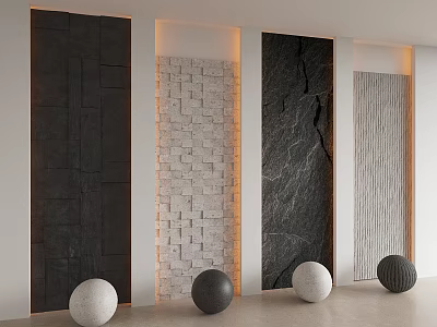 Modern Background Walls Featuring Wooden Stone Brick Marble Texture And Striped Designs With Decorative Spheres 3d model