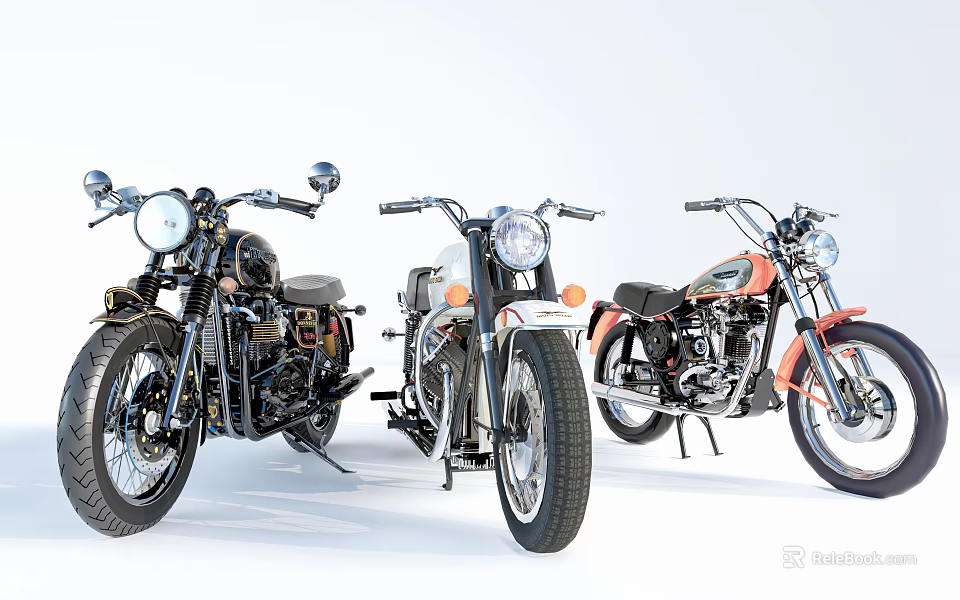 Three Classic Motorcycles With Black White Orange Bodies And Chrome Accents On White Background 3d model 