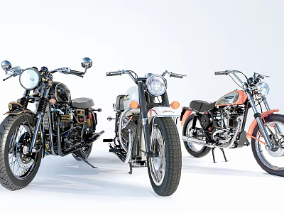 Three Classic Motorcycles With Black White Orange Bodies And Chrome Accents On White Background 3d model