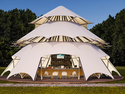 Spacious White Multi Layered Outdoor Tent With Transparent Roof Panels And Wooden Bar Counter 3d model