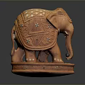 Traditional Wooden Elephant Sculpture With Intricate Carvings And Decorative Base
