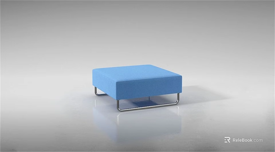 Blue Square Ottoman with Metal Frame on Smooth Floor and Gray Background 3d model 