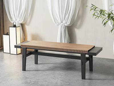 Modern Wooden Bench with Black Legs White Curtains Floor Lamp Green Plant in Minimalist Interior 3d model