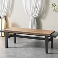 Modern Wooden Bench with Black Legs White Curtains Floor Lamp Green Plant in Minimalist Interior