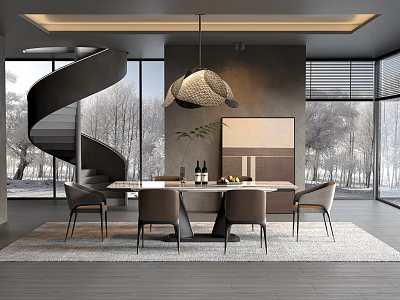 Modern Restaurant Interior Design Featuring Spiral Staircase Large Windows Pendant Light And Dining Table 3d model