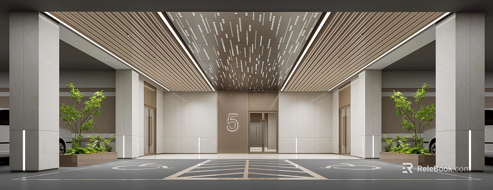 Modern Parking Garage With Wooden Ceiling Lighting Number 5 Entrance And Marked Floor 3d model 