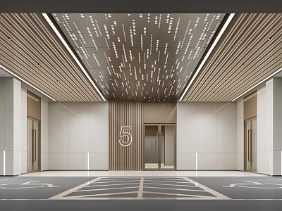 Modern Parking Garage With Wooden Ceiling Lighting Number 5 Entrance And Marked Floor 3d model