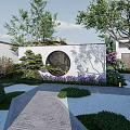 Courtyard Garden Entrance With Black Gateway Stone Pathway Green Shrubs And Circular Lights