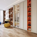 Modern Walk In Closet Design With Circular Shelves And Glass Doors