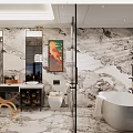 Luxurious Marble Bathroom Interior With Double Sinks Free-standing Bathtub And Shower Area