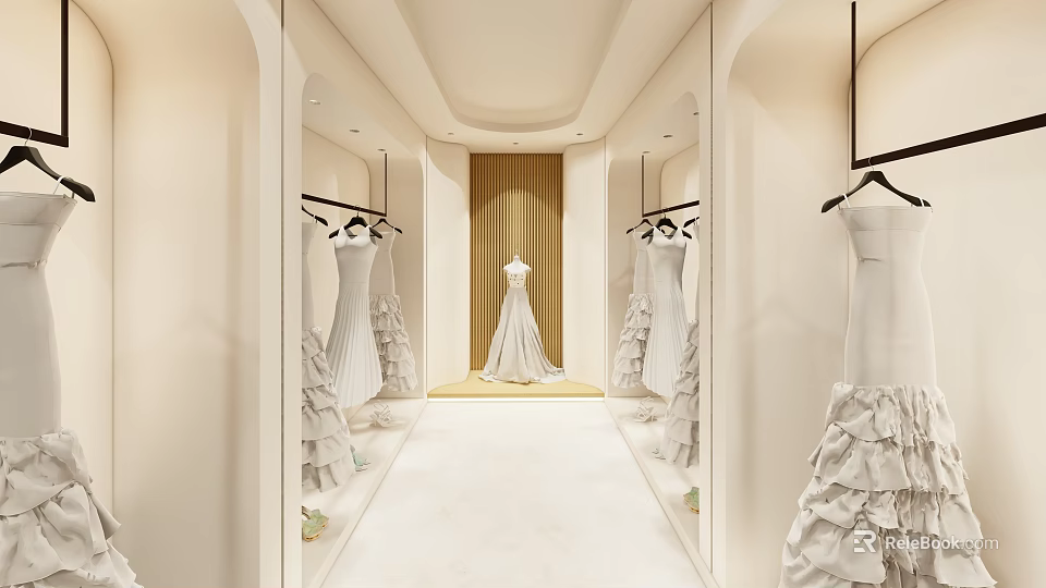 Elegant Wedding Dress Shop Interior With Hanging Dresses Mirrored Walls And Central White Gown 3d model 