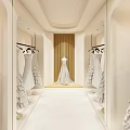 Elegant Wedding Dress Shop Interior With Hanging Dresses Mirrored Walls And Central White Gown