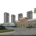 Modern High Rise Residential Buildings With Community Facilities Greenery And Parking Area