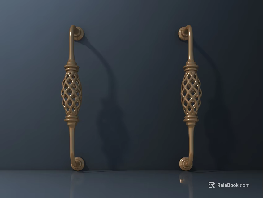 Golden Furniture Handles With Intricate Lattice Design On Dark Background And Gray Surface 3d model 