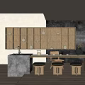 Serene Tea Room Interior With Wooden Shelves Holding Tea Sets Stone Countertop And Stools