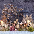 Elegant Floral Vase Arrangement With Flamingo Figurines Decorative Balls And Stone Wall