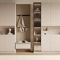 Modern Beige Shoe Cabinet In Entryway With Coat Hanger Bench And Decorative Items