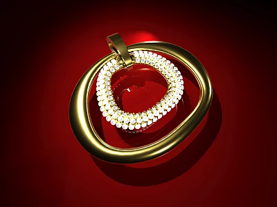 Exquisite Gold Heart Shaped Pendant Jewelry with White Pearls Inlay and Circular Design 3d model