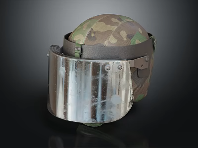Camouflage Patterned Safety Helmet Featuring Metal Face Shield and Adjustable Straps 3d model