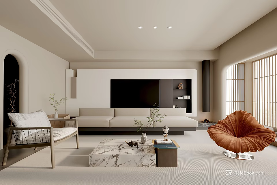 Modern Living Room Interior With Neutral Tones Marble Coffee Table Sofa Accent Chair And TV Wall 3d model 