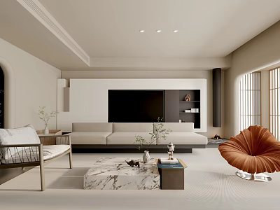 Modern Living Room Interior With Neutral Tones Marble Coffee Table Sofa Accent Chair And TV Wall 3d model
