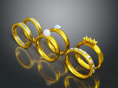 Stylish Gold Rings With Pearl Diamond And Crown Design Details 3d model