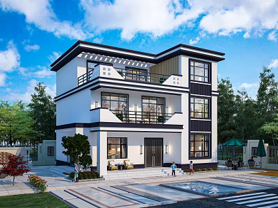 Modern Two Story Detached Villa With White Exterior Black Accents Balcony And Green Courtyard 3d model