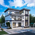 Modern Two Story Detached Villa With White Exterior Black Accents Balcony And Green Courtyard