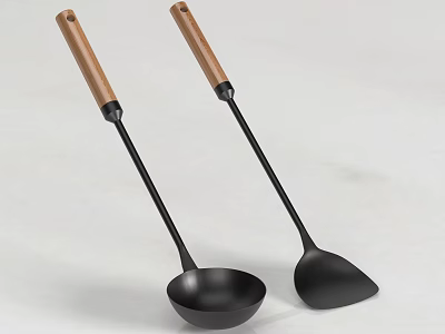 Black Spatula And Ladle With Wooden Handles For Home Kitchen Cooking 3d model