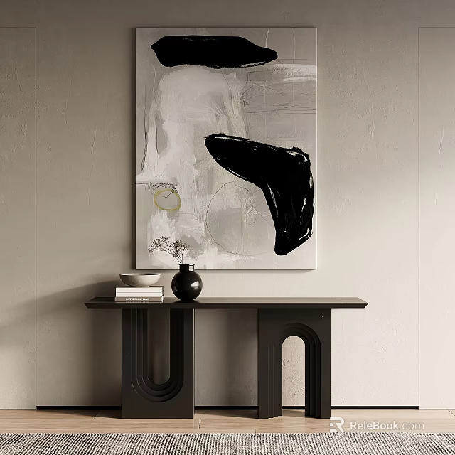 Abstract Painting On Wall With Black Console Table Modern Design Vase Books And Bowl 3d model