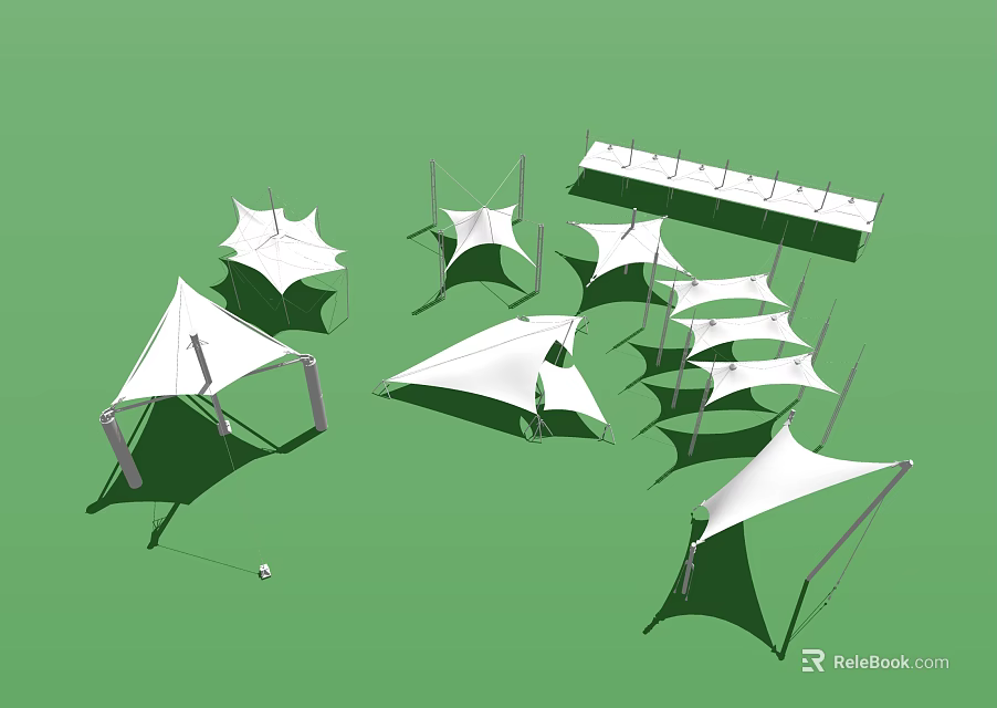 Tensile Membrane Structures With White And Green Canopies And Tent Like Designs 3d model 