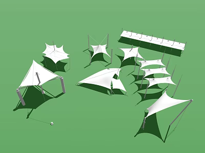 Tensile Membrane Structures With White And Green Canopies And Tent Like Designs 3d model