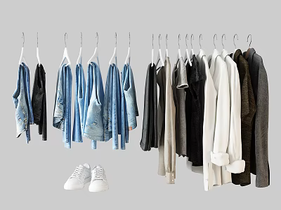 Clothes Hanging On Hooks With Various Styles And White Sneakers 3d model