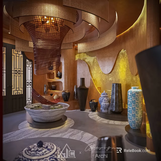 Elegant Traditional Interior With Woven Chandelier Stone Basin Ceramic Vases And Decorative Items 3d model 