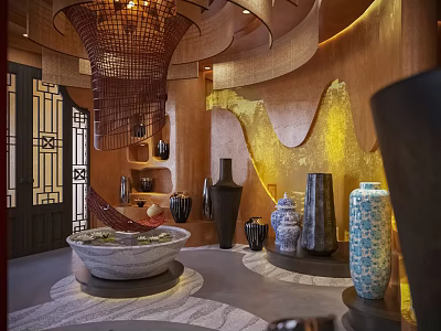 Elegant Traditional Interior With Woven Chandelier Stone Basin Ceramic Vases And Decorative Items 3d model