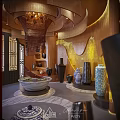 Elegant Traditional Interior With Woven Chandelier Stone Basin Ceramic Vases And Decorative Items
