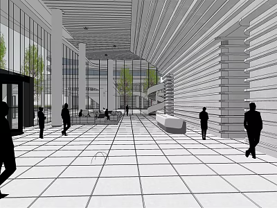 Modern Office Lobby Front Desk With Glass Walls Bright Lighting And Tiled Floor 3d model