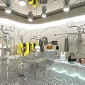 Modern Clothing Store Interior With Rotating Racks Silver Decor Yellow Accents And Mirrored Floors