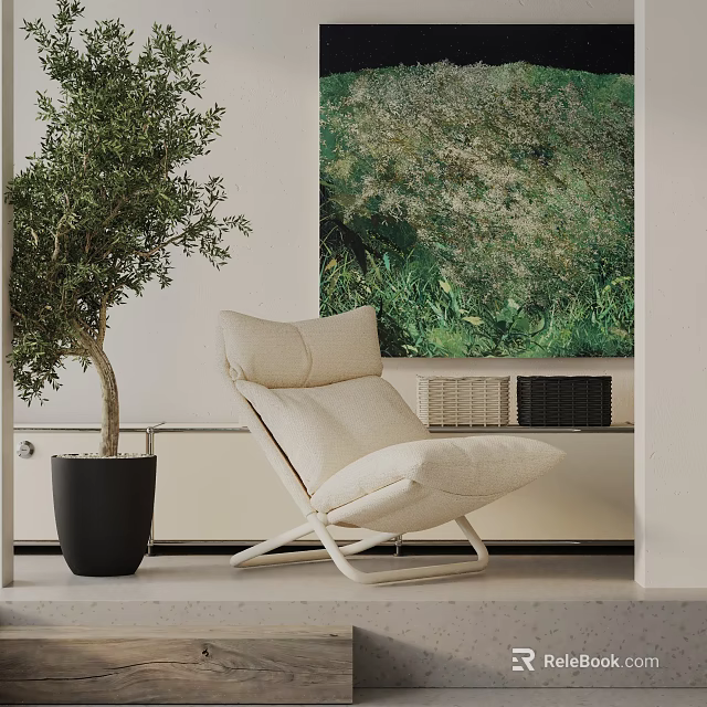 Beige Upholstered Lounge Chair With Metal Frame And Potted Olive Tree Near Green Plant Painting 3d model 