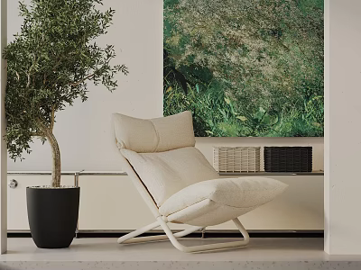 Beige Upholstered Lounge Chair With Metal Frame And Potted Olive Tree Near Green Plant Painting 3d model