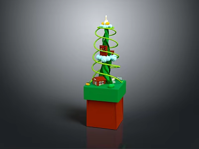Lego Christmas Tree Decoration Featuring Spiral Green Design Red Base Star Top And Small House 3d model