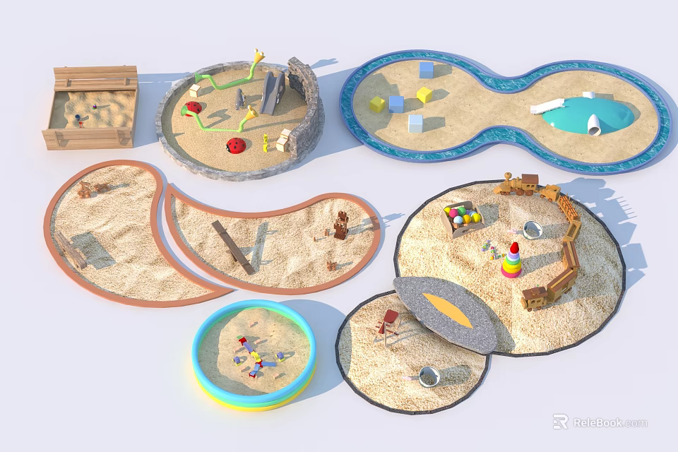 Fun Playground Sandpit Play Equipment With Various Shapes Wooden Borders And Sand Toys 3d model 