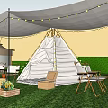 Scenic Garden Landscape With Green Grass Trees Teepee Tents String Lights And People Gathering