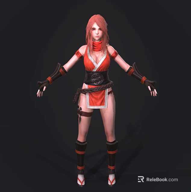Game Movie Character With Pink Hair Wearing Red White Outfit Black Belt And Arm Guards 3d model 